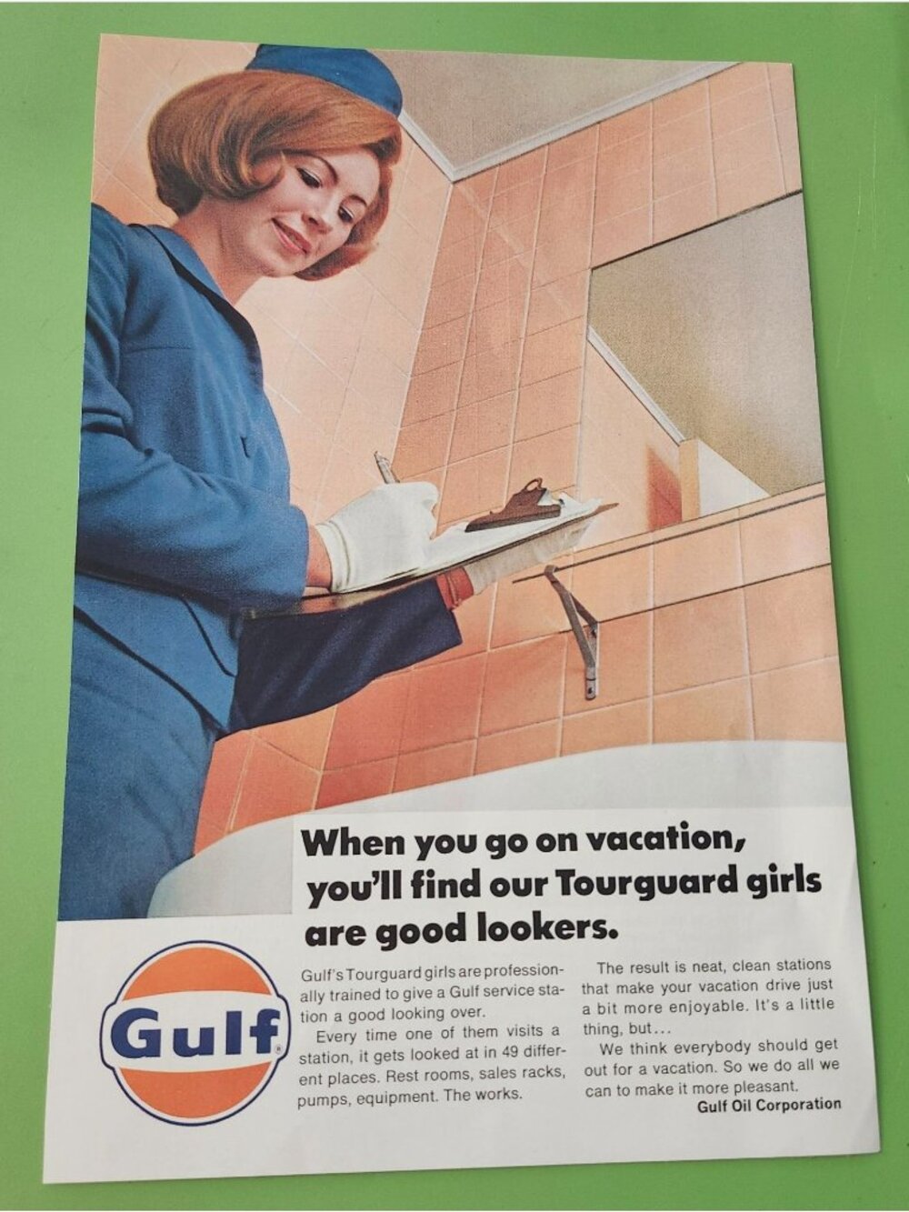 Vintage 1960s Gulf Oil Advertisement Tourguard Girls Clean Stations Professional